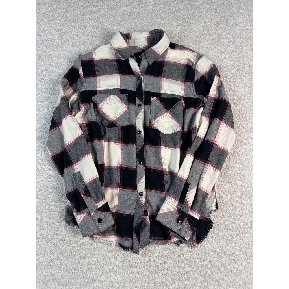 Rails Shirt Womens Small Plaid Flannel Long Sleeve Button Front Frayed Hem Black